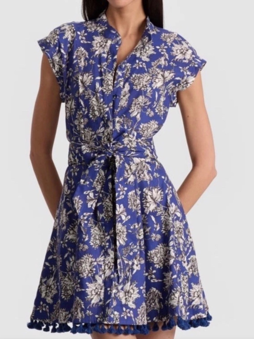 Alice + Olivia Lucy Shirt Dress In Blooming Wild Indigo Tassel Hem Sz 10 NWT